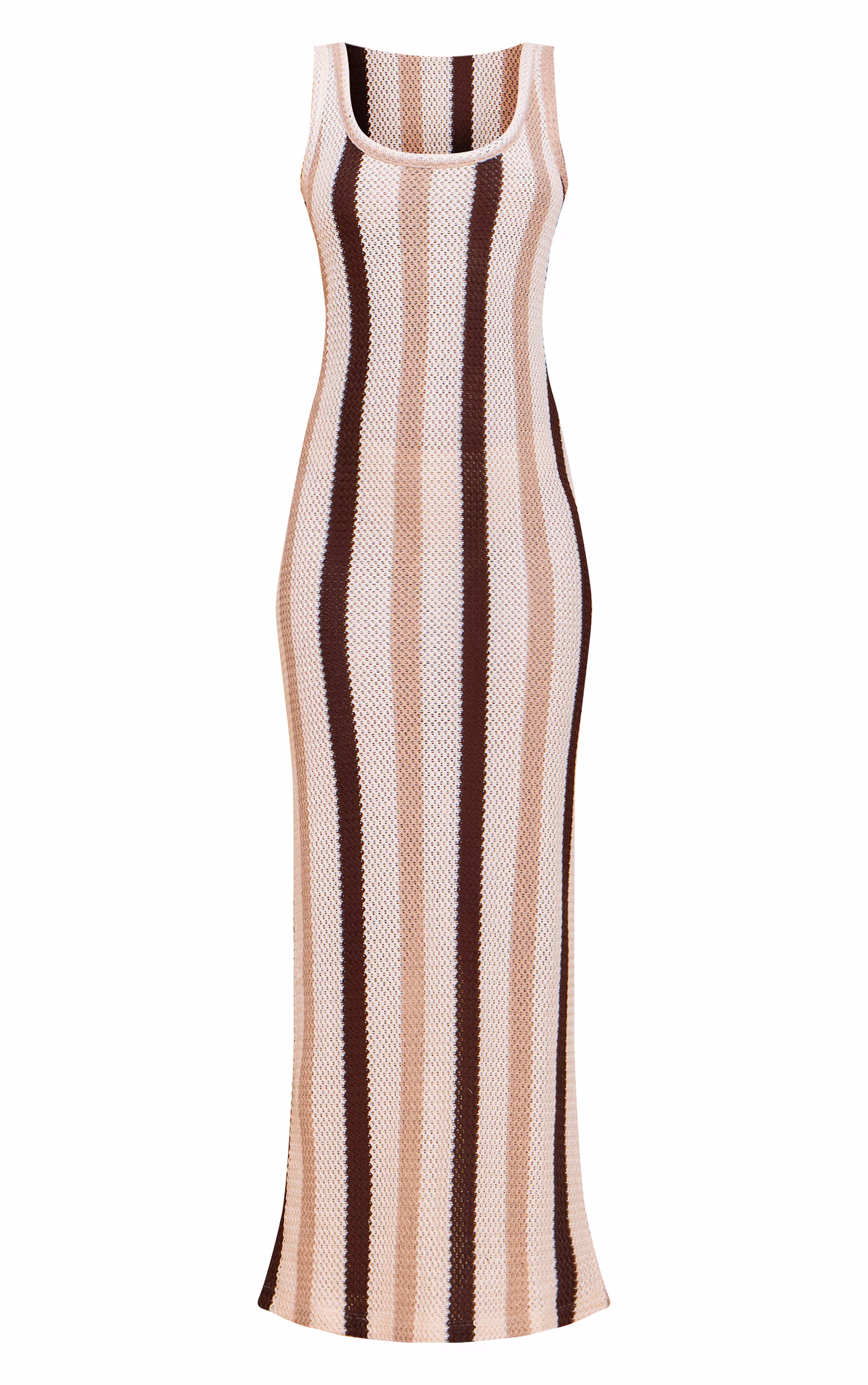 Brown Striped Textured Scoop Neck Maxi Dress