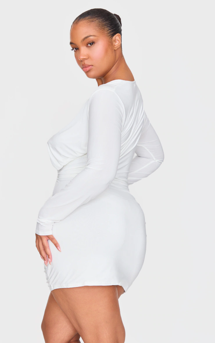 Premium White Double Layer Extreme Plunge Drape Bodycon Dress