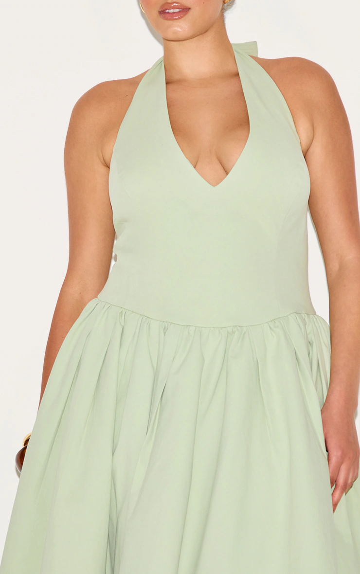 Plus Sage Green Halterneck Tie Detail Midaxi Dress
