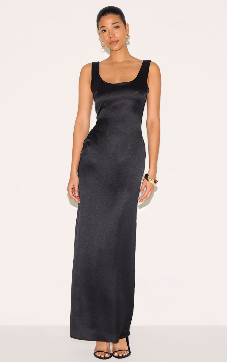 Black Satin Scoop Neck Maxi Dress