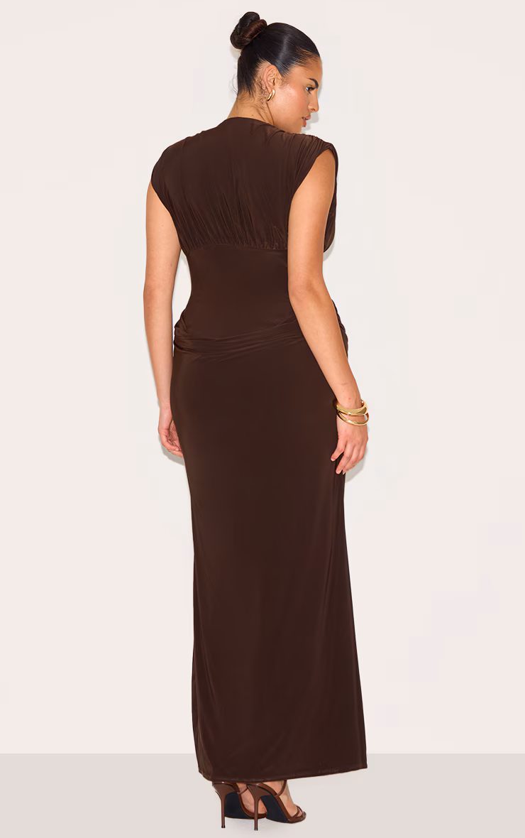 Plus Chocolate Double Layer Plunge Ruched Shoulder Drape Waist Maxi Dress