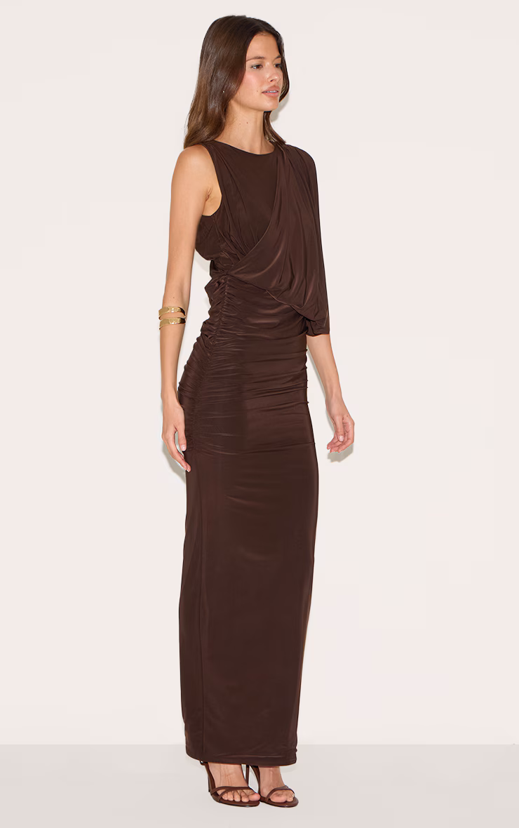 Chocolate Double Layer Slinky Drape Ruched Maxi Dress