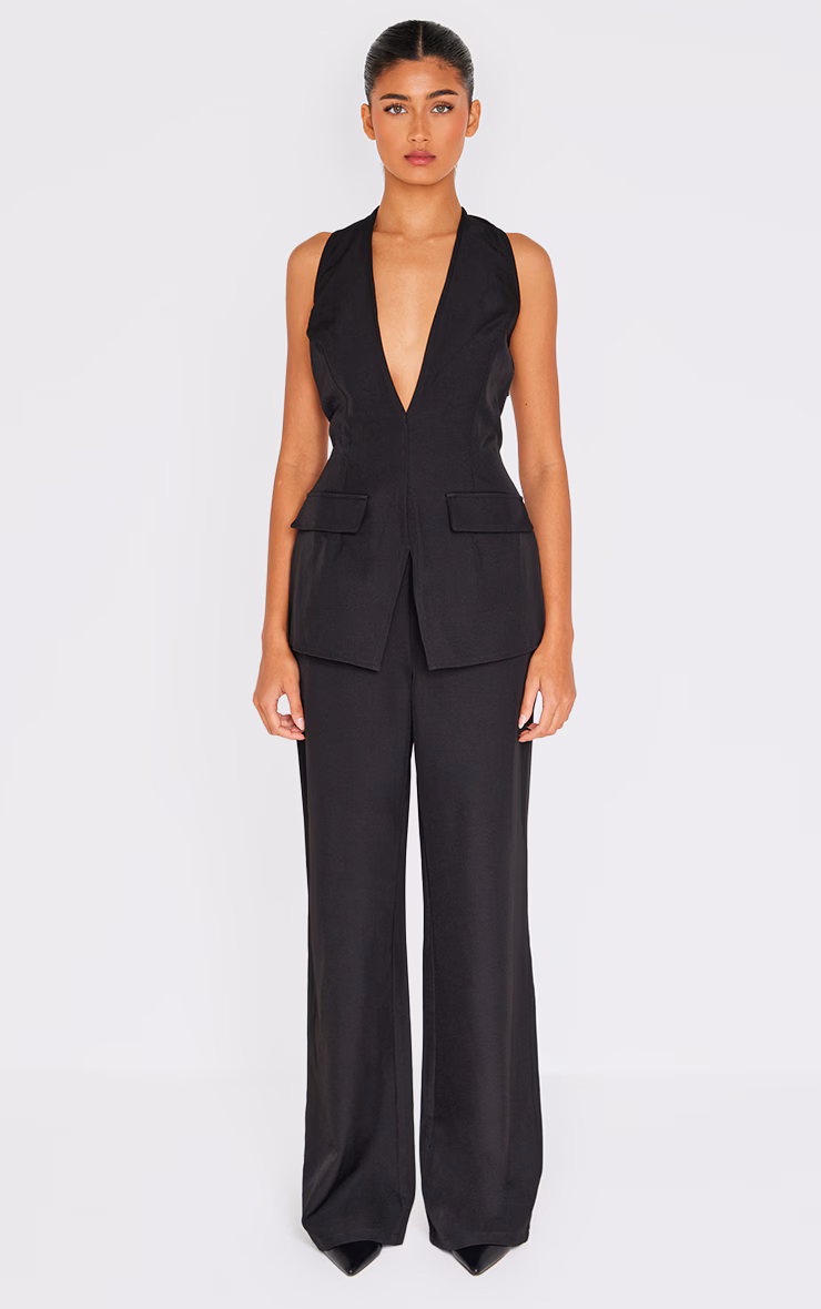 Black Structured Woven Vest Detail Straight Leg Jumpsuit