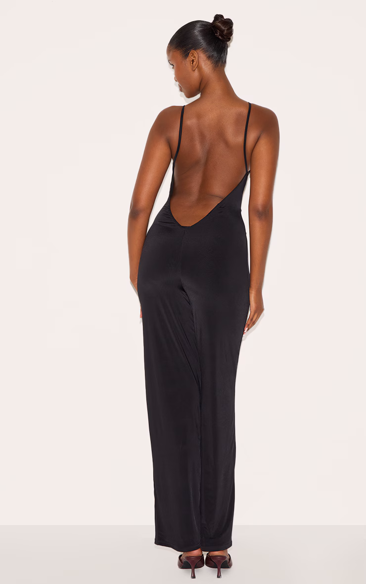 Black Double Layer Slinky Low Back Strappy Wide Leg Jumpsuit