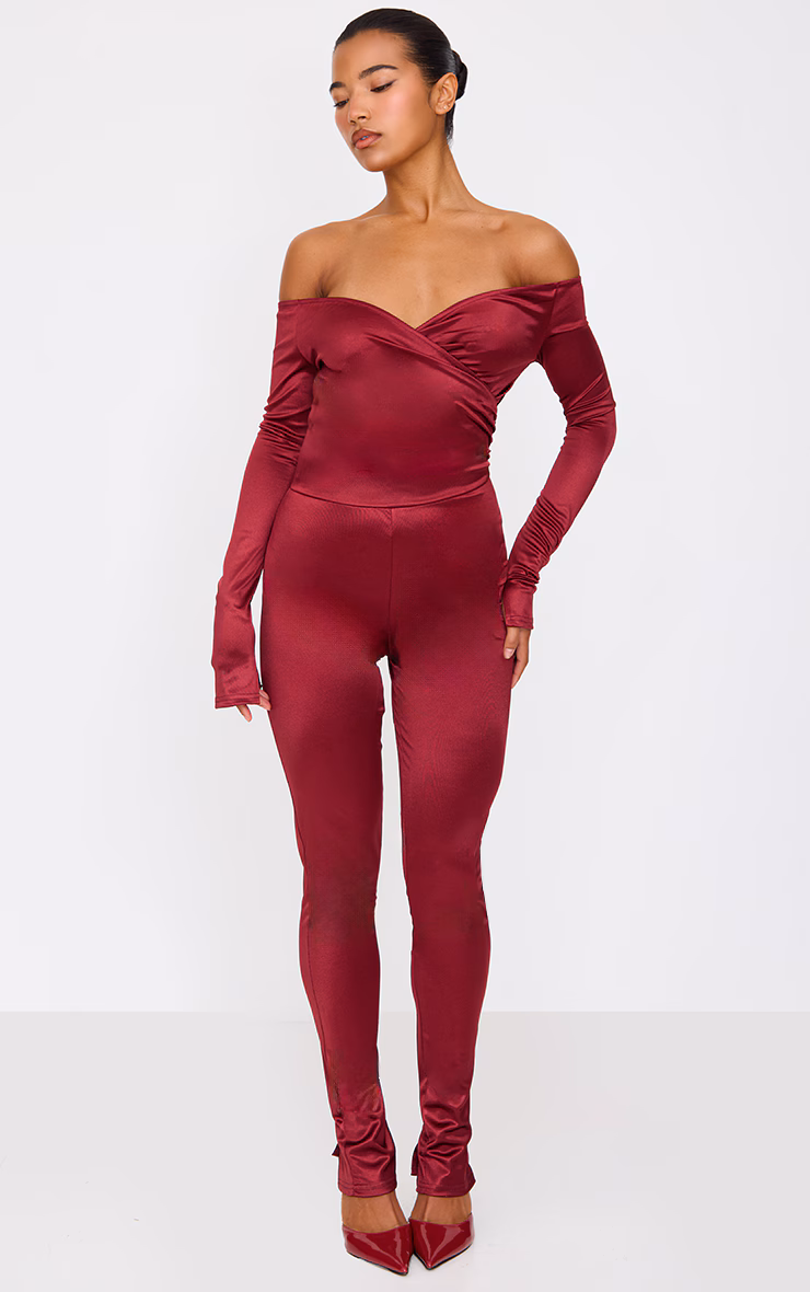 Burgundy Stretch Satin Cross Front Bardot Split Hem Jumpsuit