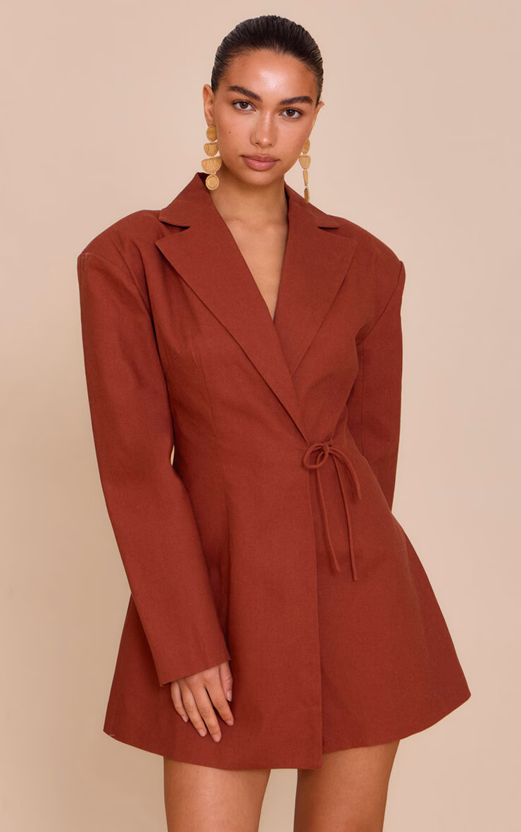 Rust Linen Blend Tie Detail Blazer Dress