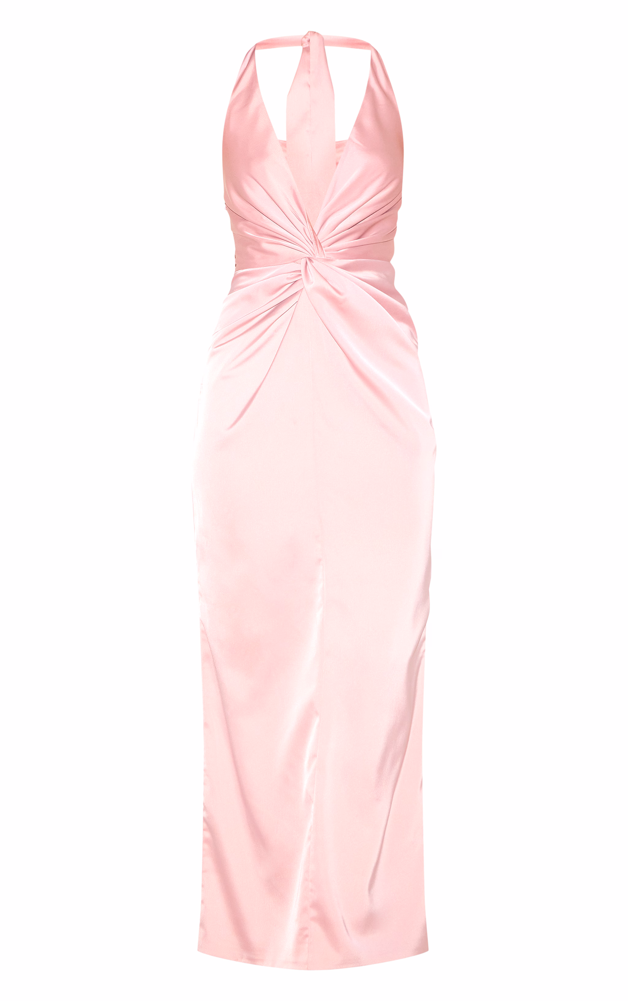 Pink Bridesmaid Satin Twist Detail Halterneck Maxi Dress