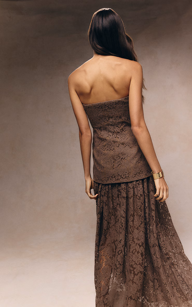 Taupe Lace Sheer Skirt Panel Bandeau Maxi Dress