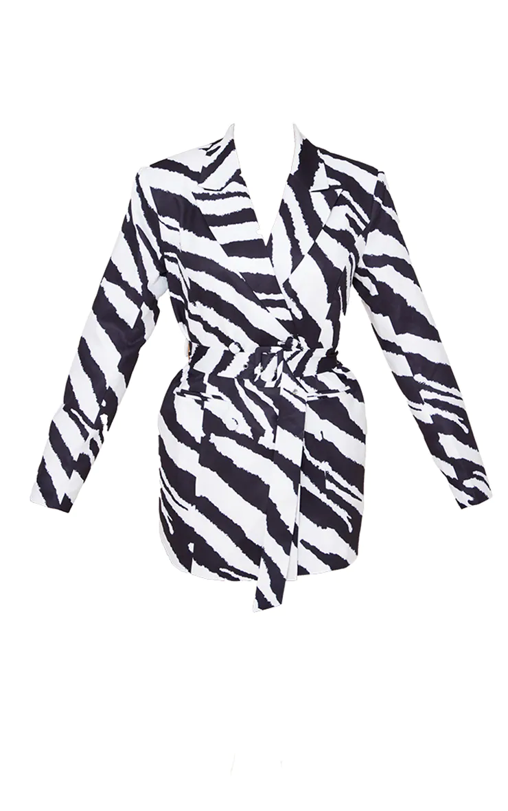 Monochrome Zebra Print Structured Tie Waist Blazer Dress