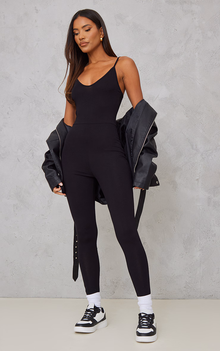 Black Basic Strappy Plunge Jumpsuit