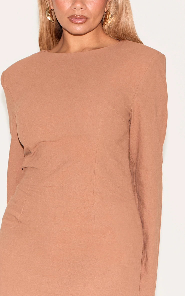 Shape Mocha Linen Look Boat Neck Shoulder Pad Mini Dress