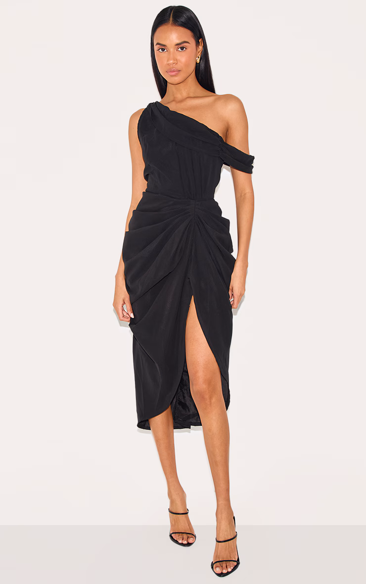 Black Chiffon Asymmetric Strap Draped Midi Dress