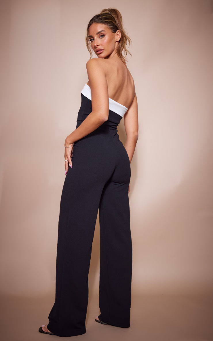 Black Crepe Contrast Fold Over Detail Wide Leg Jumpsuit