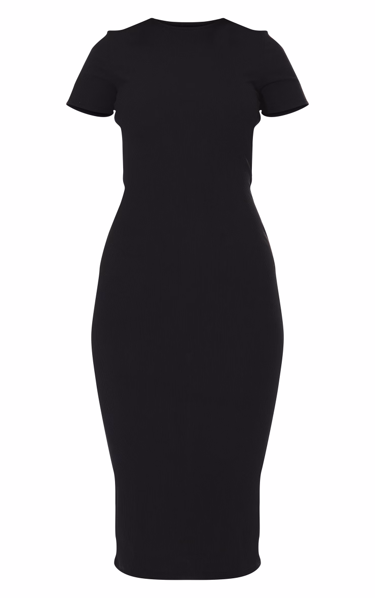 Black Ribbed Short Sleeve Crew Neck Midi Dress