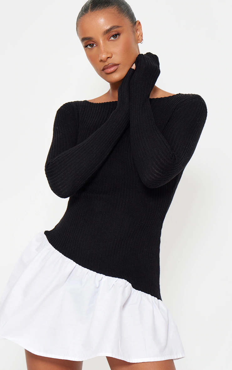 Black Brushed Rib Asymmetric Hem Shift Dress