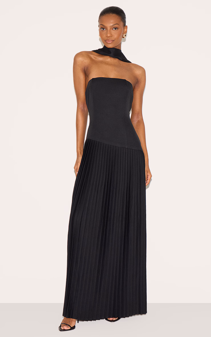 Black Woven Asymmetric Pleated Maxi Dress