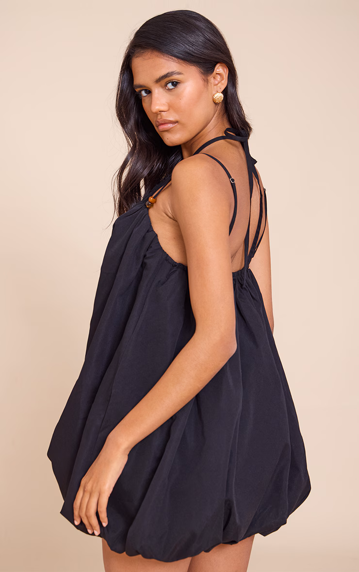 Black Halterneck Bead Detail Puffball Dress