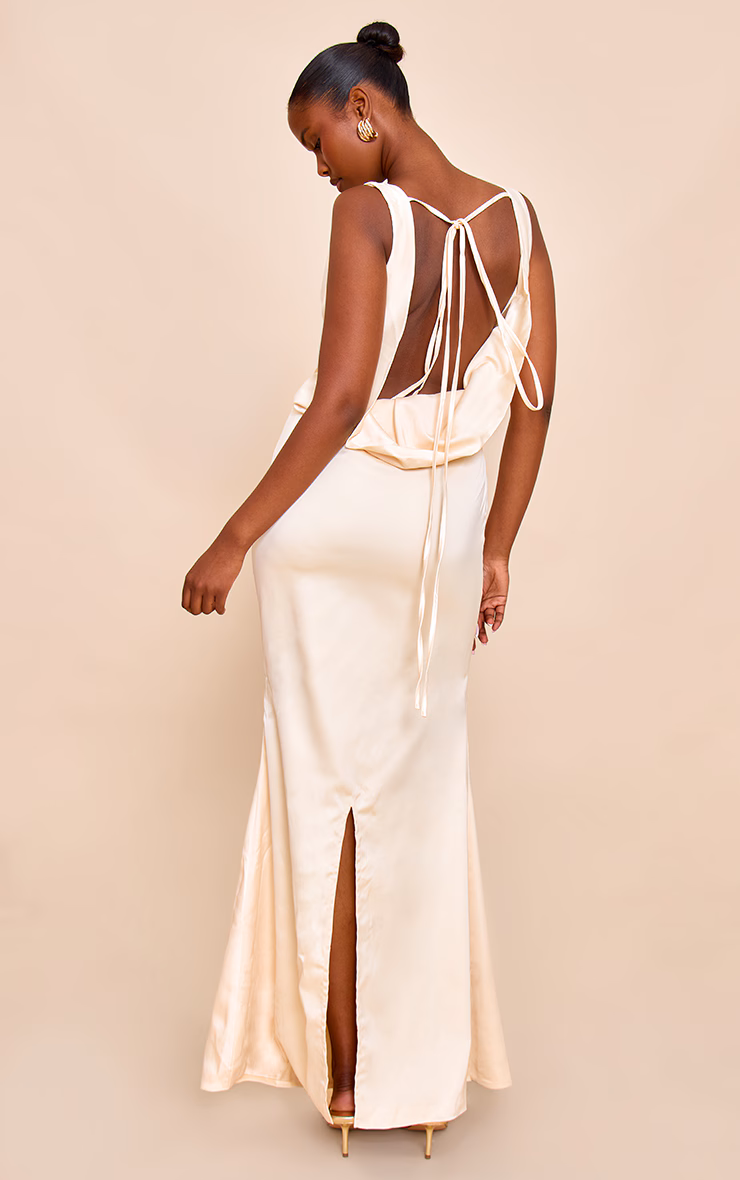 Lemon Bridesmaid Satin Cowl Neck Maxi Dress