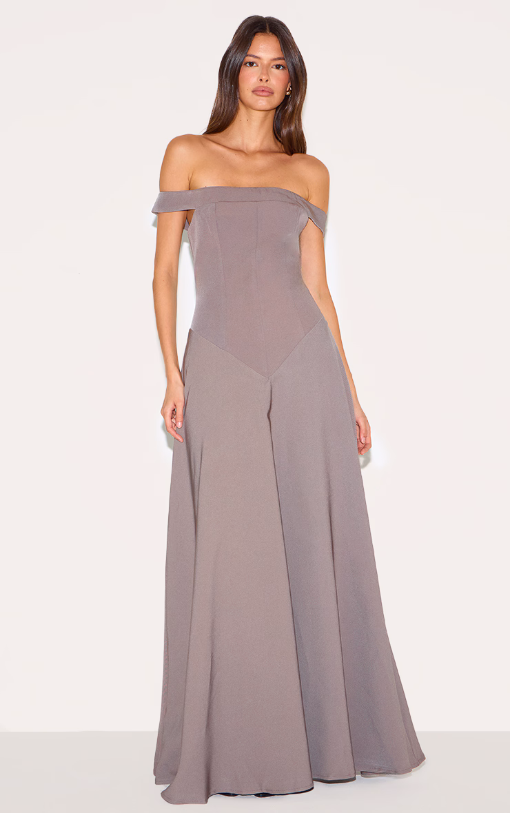 Mushroom Structured Bardot V Waist Maxi Dress