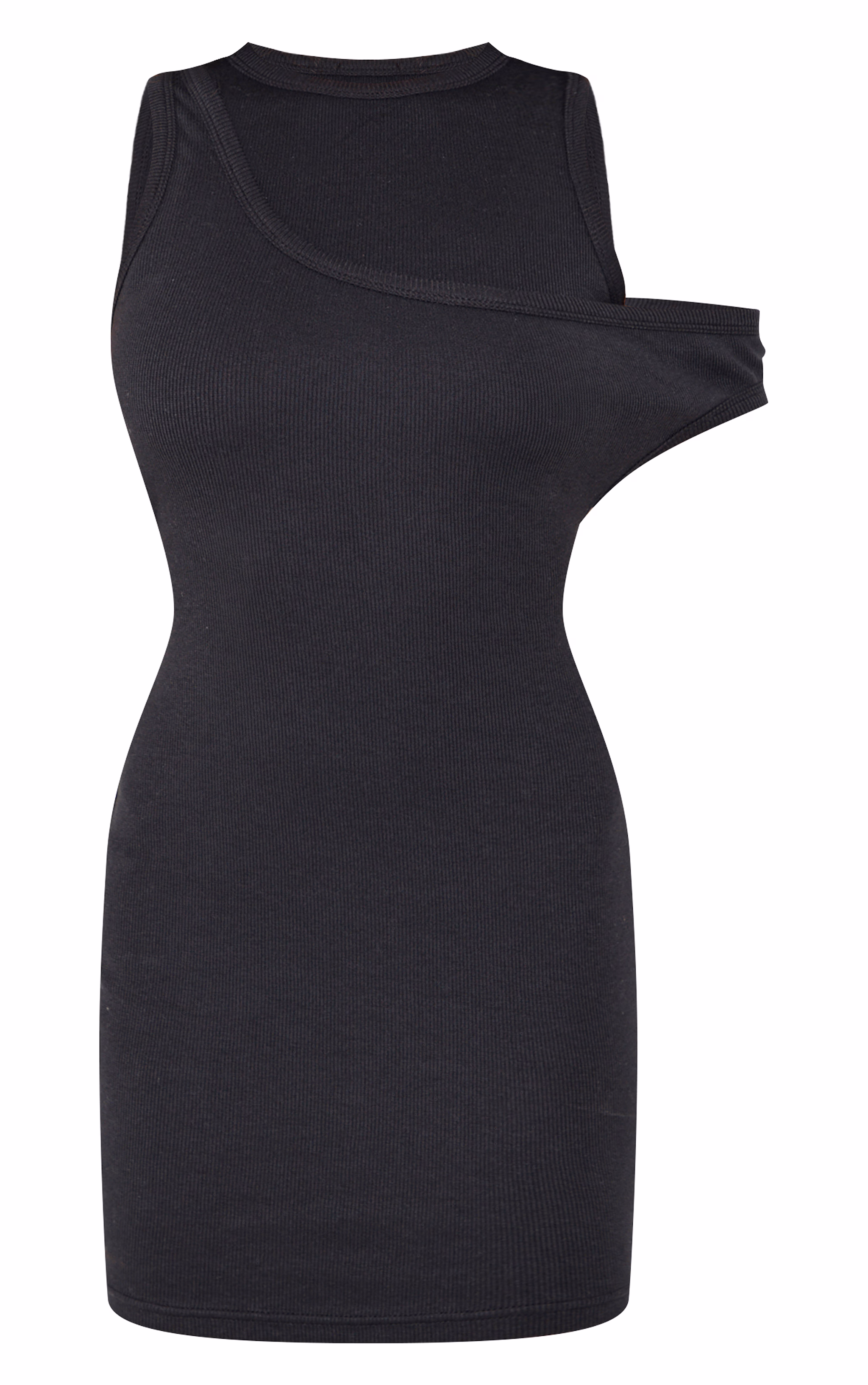 Black Asymmetric Ribbed Bodycon Dress