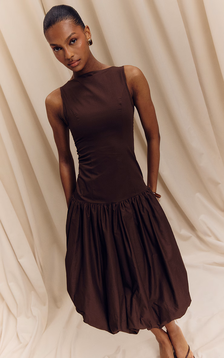 Chocolate Brown Longline Dropped Waist Midaxi Dress