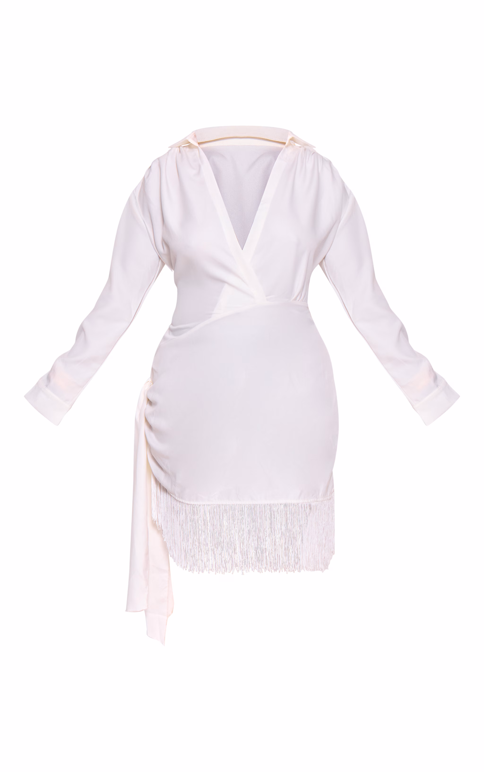 Plus White Long Sleeve Tassel Hem Drape Detail Bodycon Dress