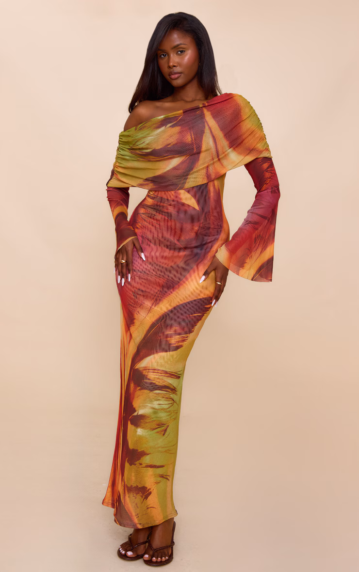 Orange Feather Print Lined Mesh Long Sleeve Maxi Dress