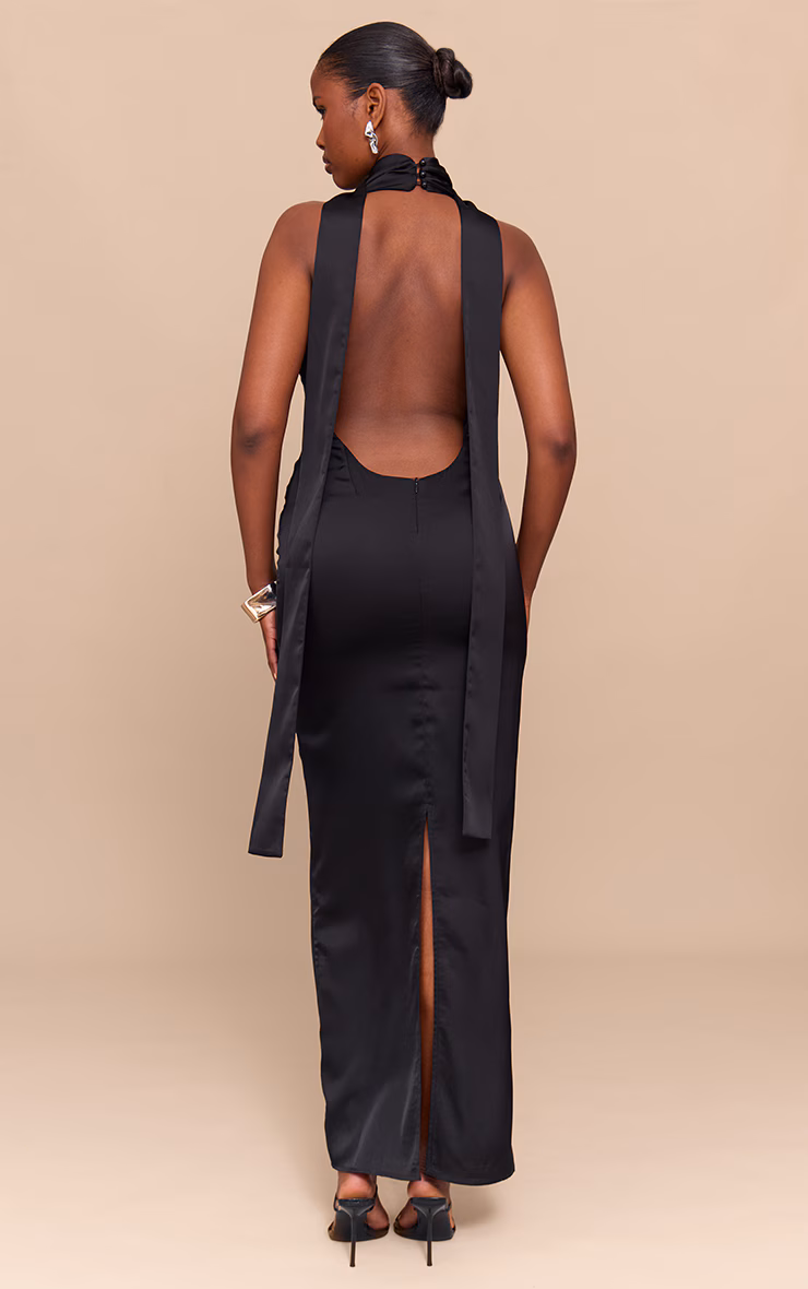 Black Satin Cowl Neck Drape Maxi Dress