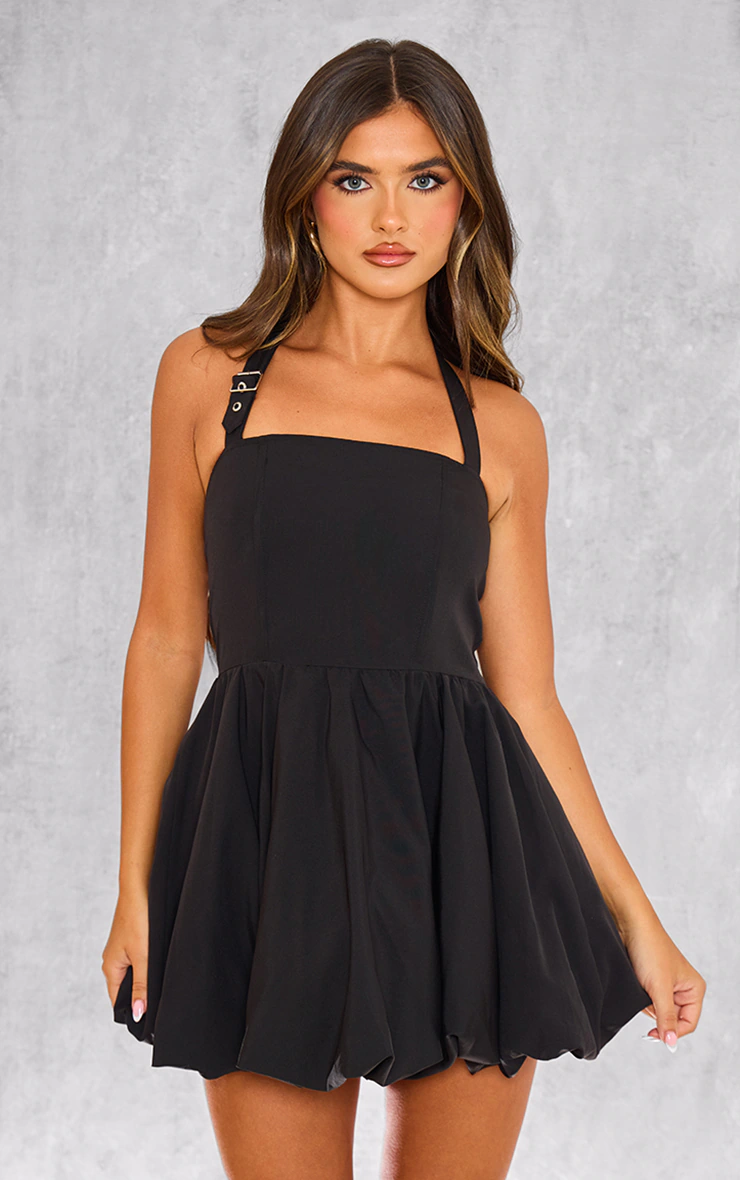 Black Buckle Detail Halterneck Puffball Mini Dress