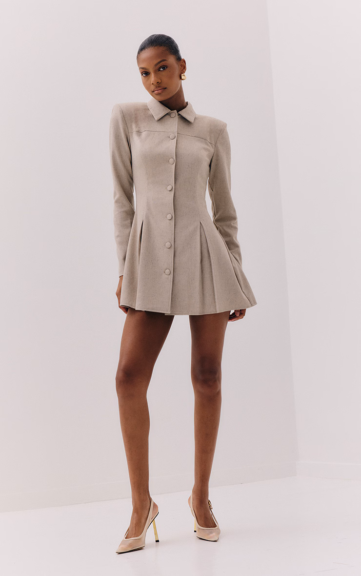 Light Grey Button Up Pleated Hem Shirt Dress