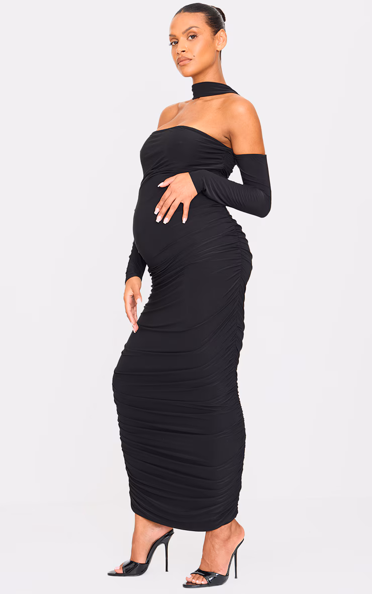 Maternity Black Slinky Choker Detail Ruched Midaxi Dress