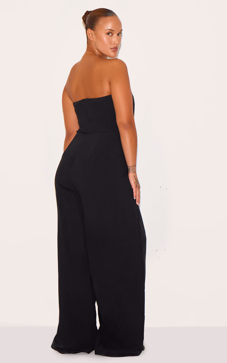 PLT Label Plus Black Corset Bust Detail Wide Leg Tailored Jumpsuit