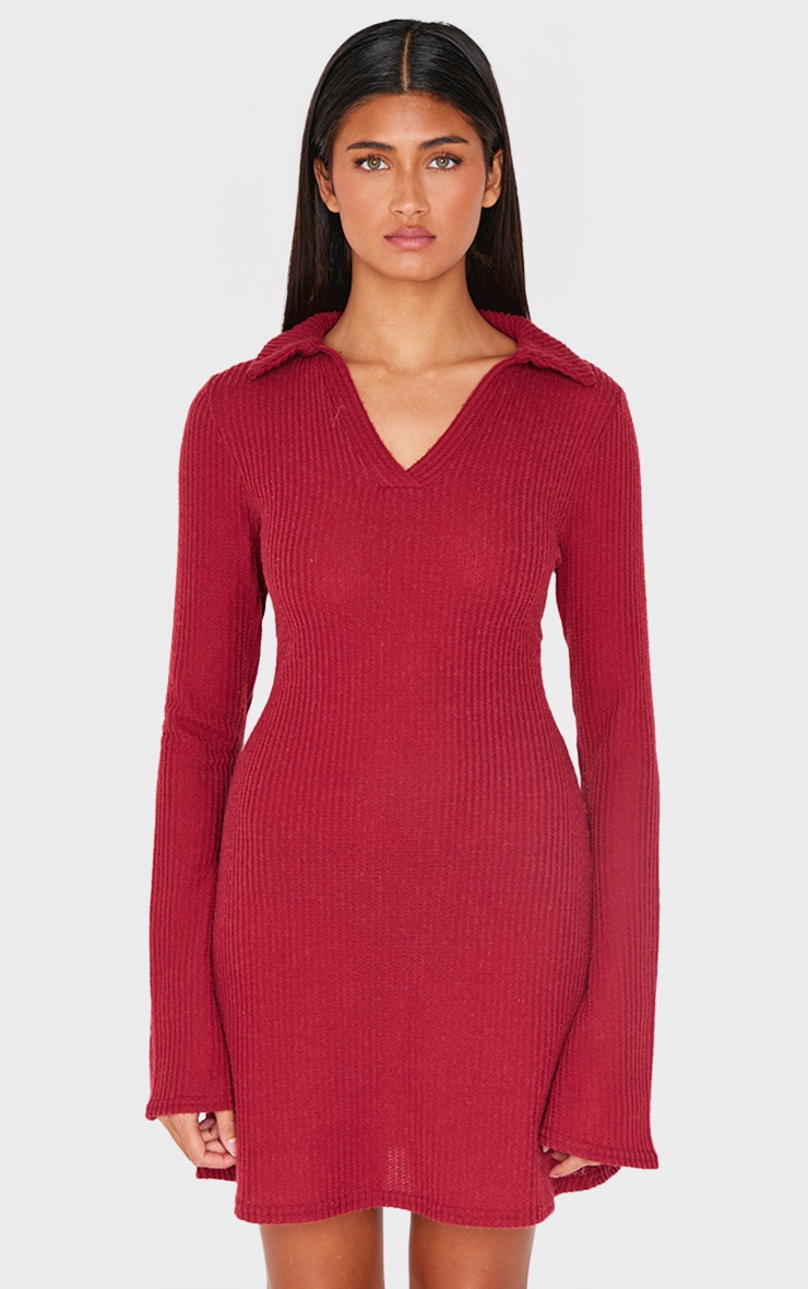 Burgundy Waffle Textured Long Sleeve Shift Dress