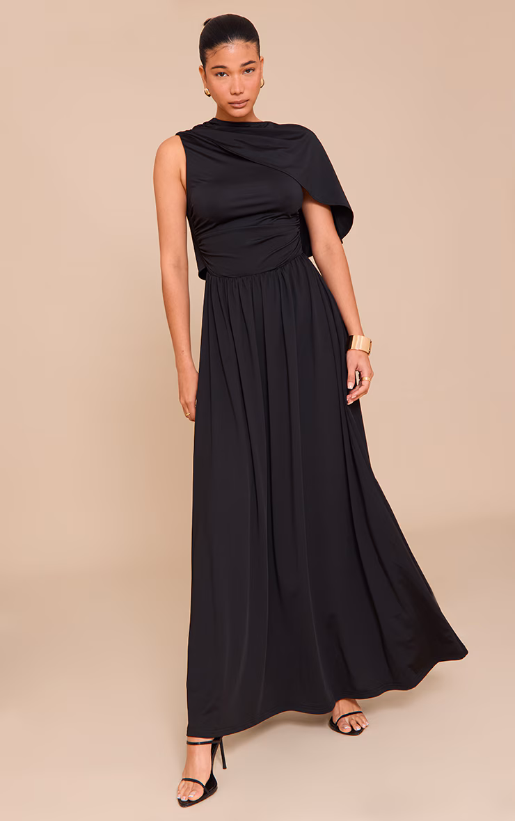 Black Layered Ruched Maxi Dress
