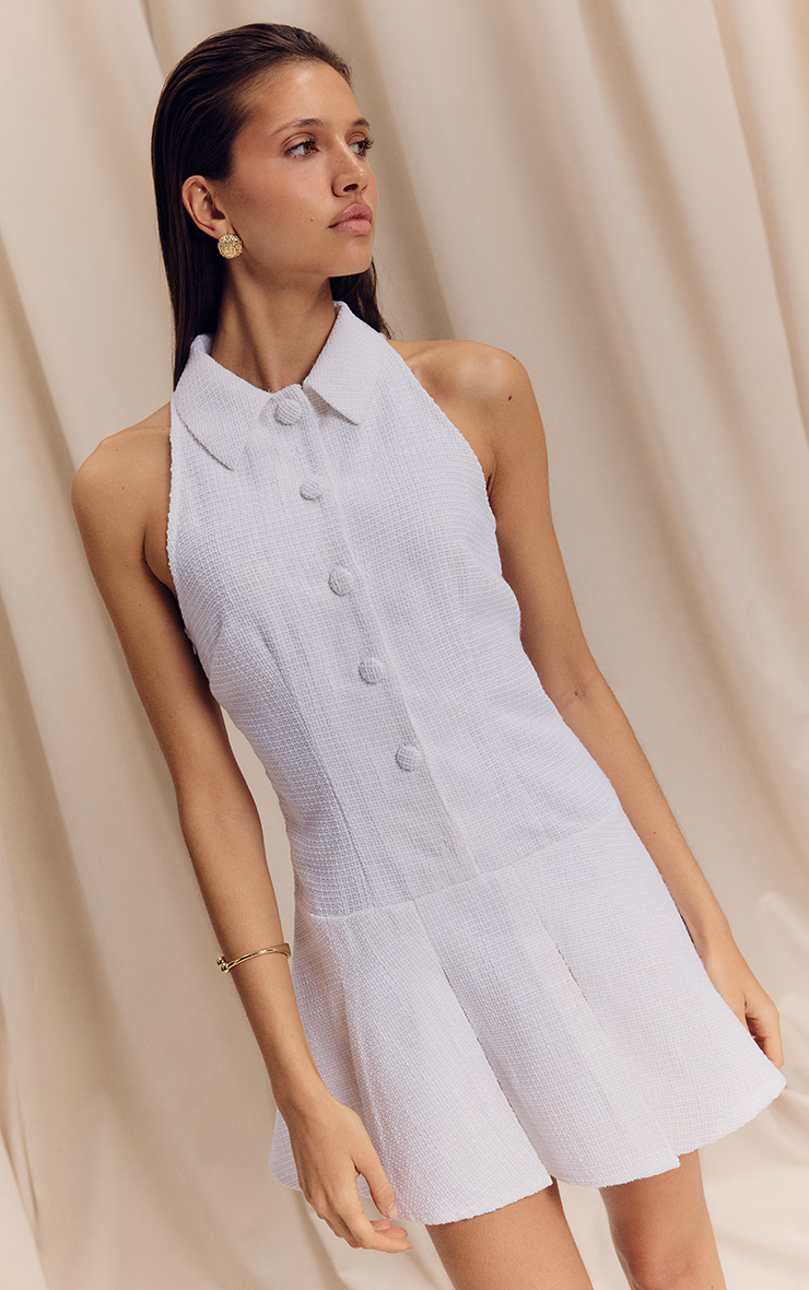 White Boucle Pleated Skater Dress