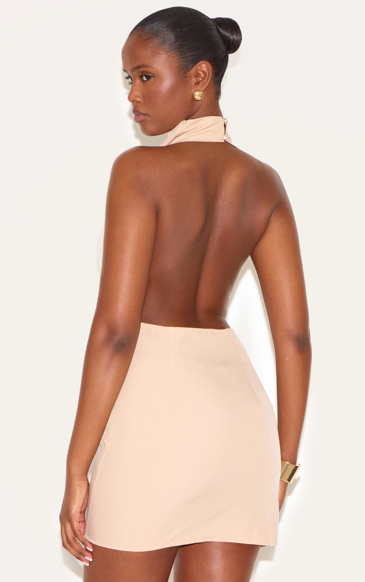 Natural High Neck Cowl Backless Bodycon Dress