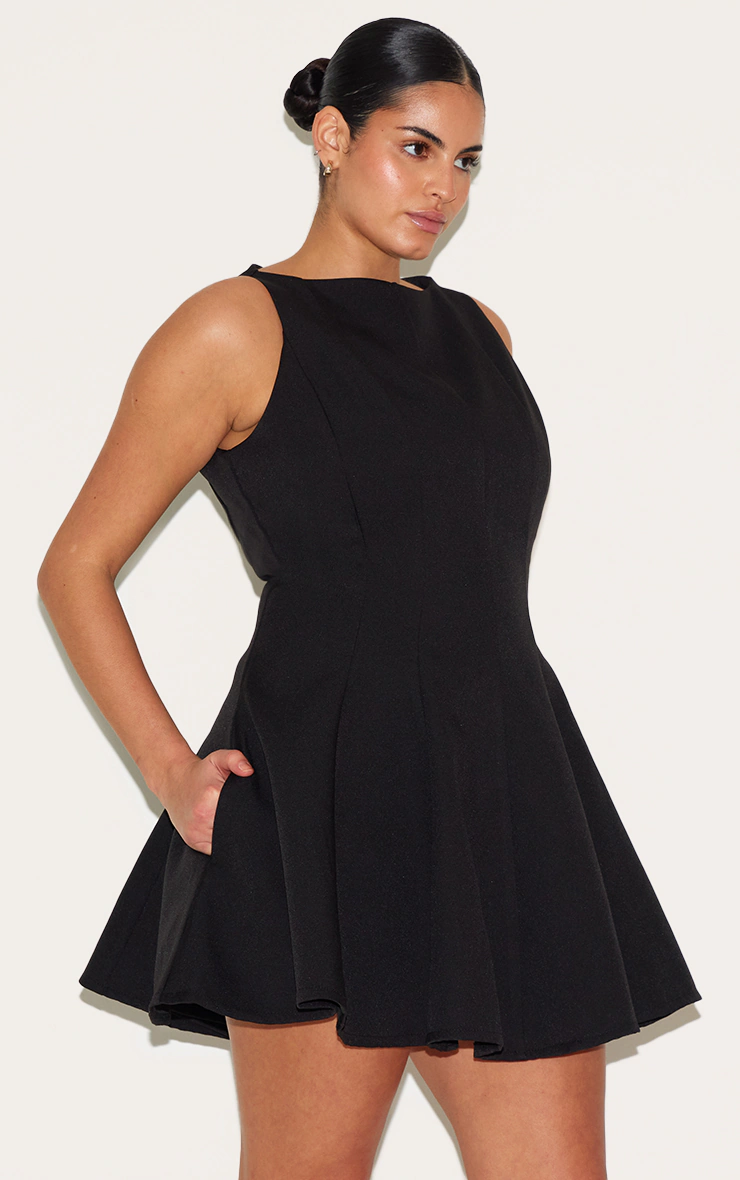 Plus Black Woven Pleated Slash Neck Shift Dress