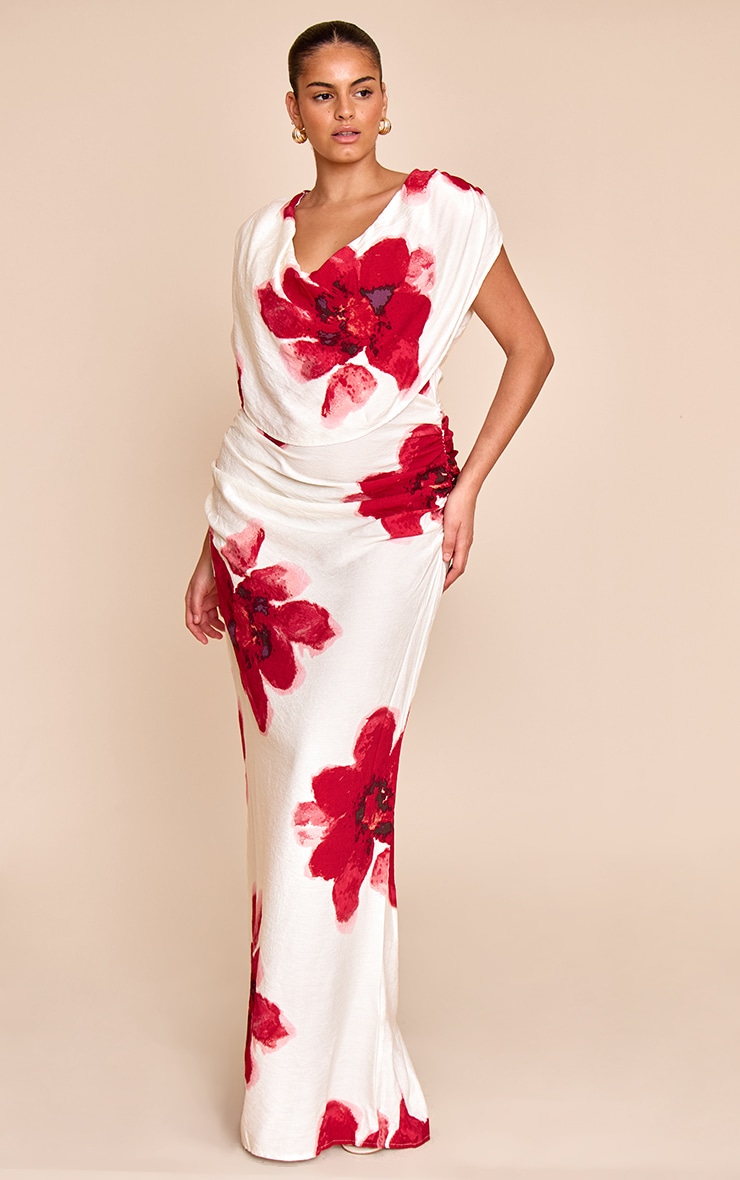 Plus Red Printed Extreme Cowl Ruched Detail Maxi Dress