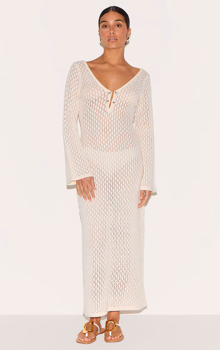 Petite Cream Knit V Neck Maxi Dress