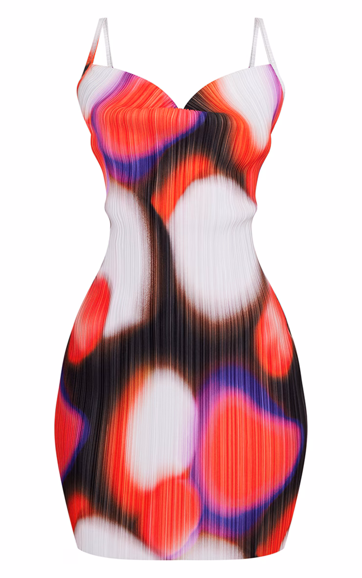 Pink Abstract Print Plisse Cowl Strappy Bodycon Dress