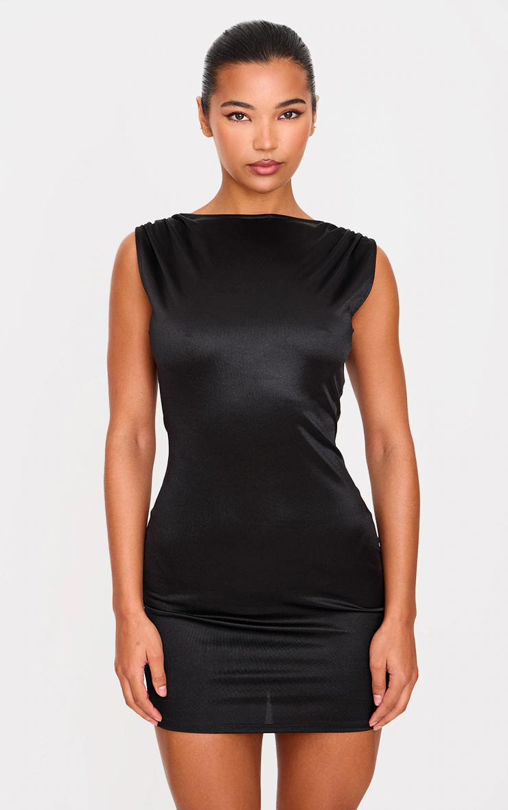 Black Stretch Satin Boat Neck Mini Dress
