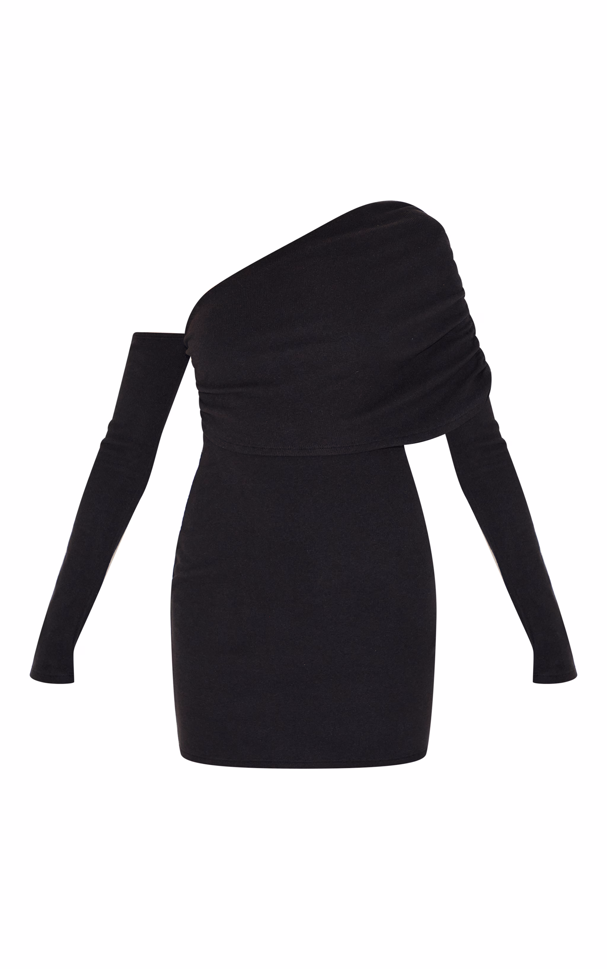 Black Rib Asymmetric Bardot Long Sleeve Bodycon Dress