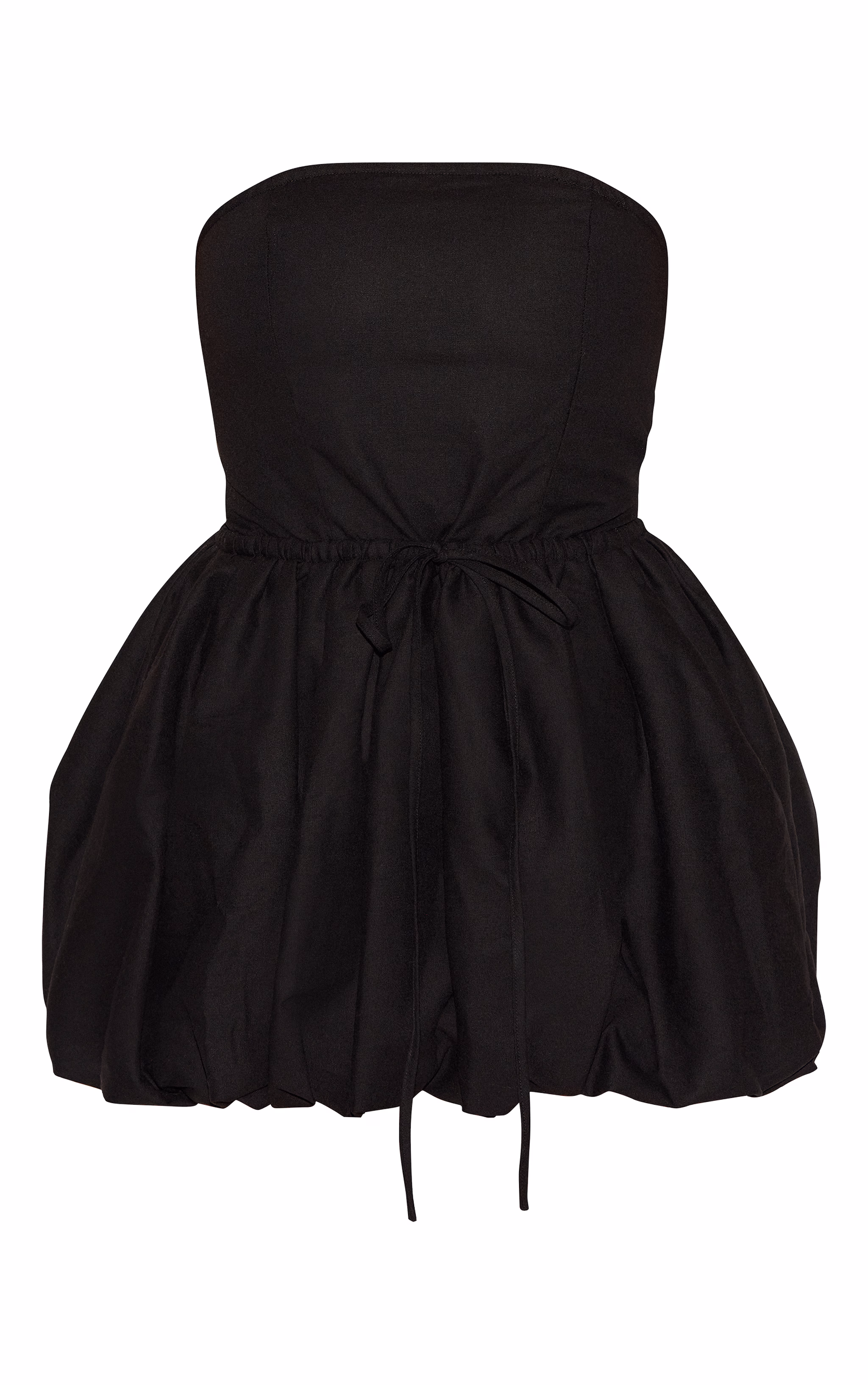 Plus Black Linen Bandeau Tie Waist Puffball Dress