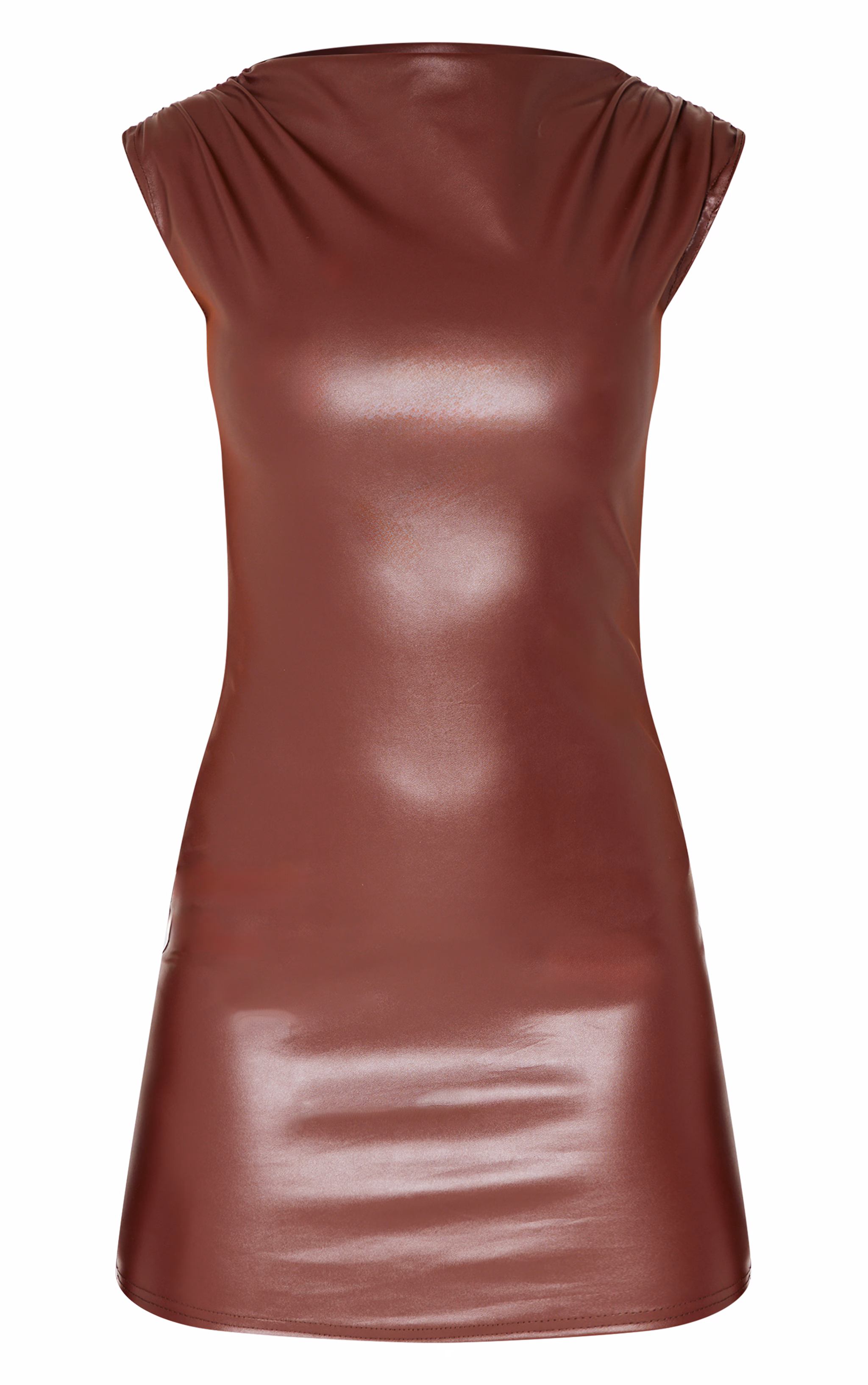 Chocolate Faux Leather High Neck Ruched Mini Dress