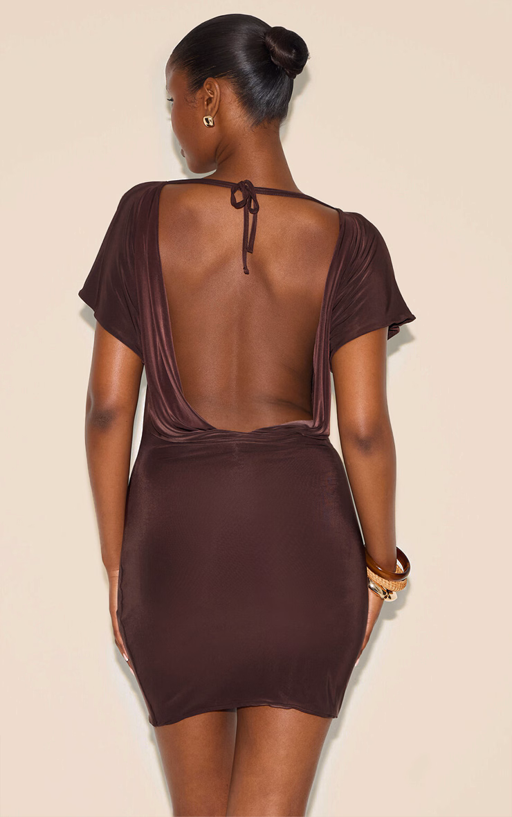 Chocolate Double Layered Slinky Ruched Short Sleeve Mini Dress