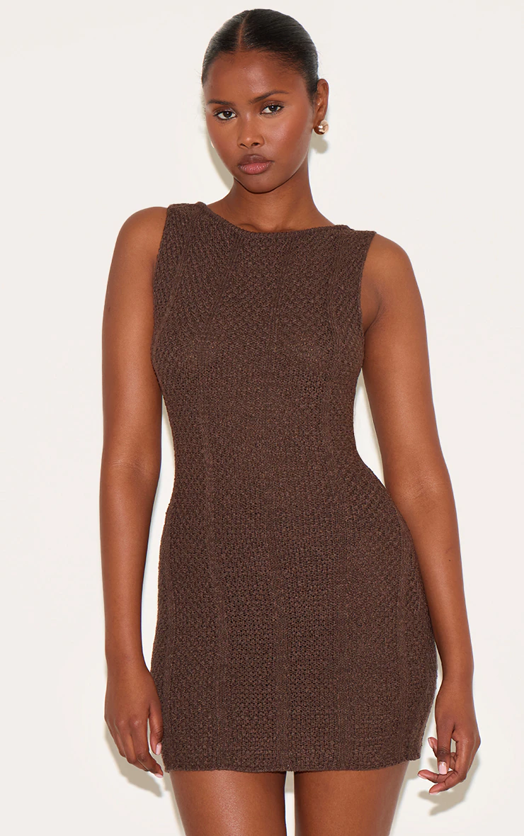 Chocolate Textured Filigree Knit Boat Neck Mini Dress