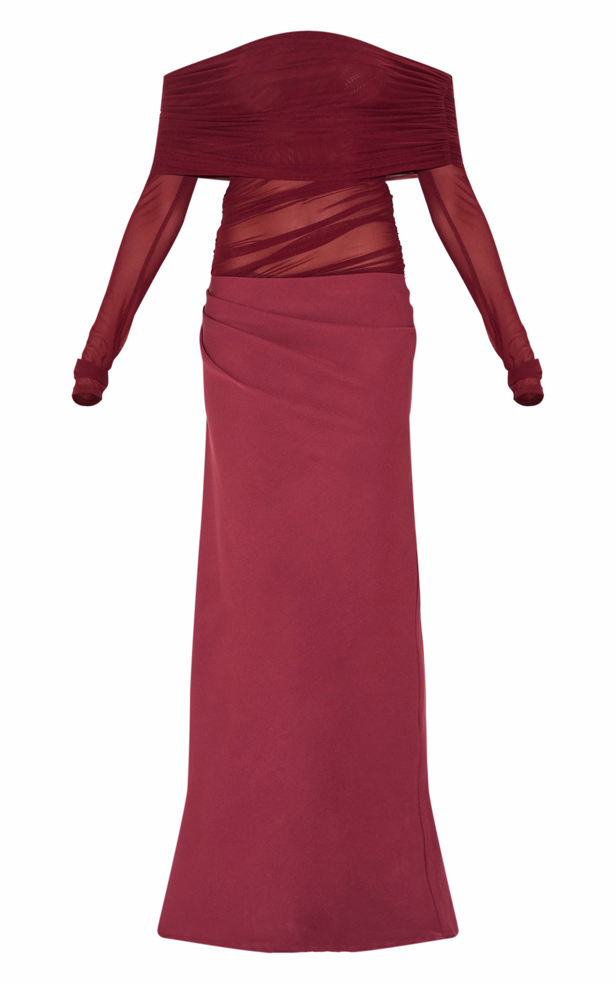 Wine Satin Mesh Detail Bardot Maxi Dress