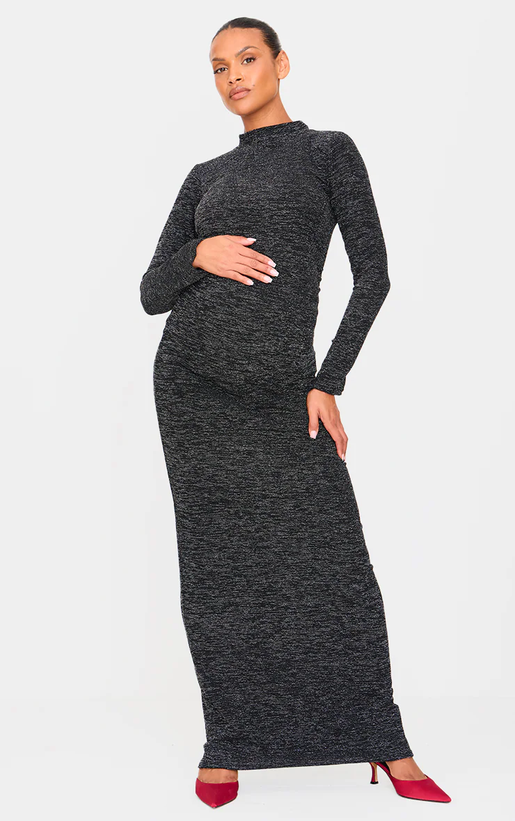 Maternity Black Glitter Long Sleeve Maxi Dress