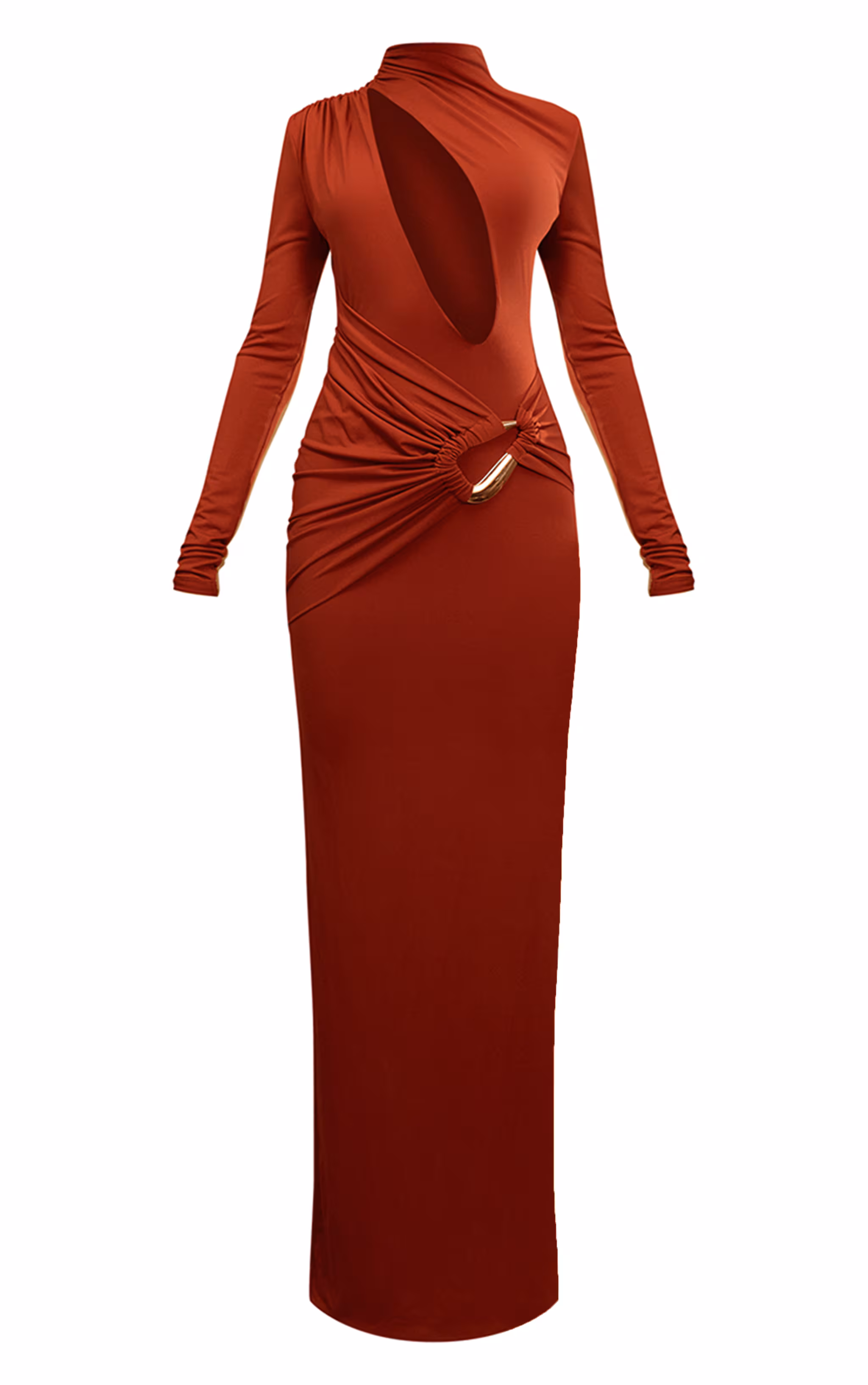 PLT Label Rust Double Layer Slinky Trim Detail Asymmetric Plunge Maxi Dress