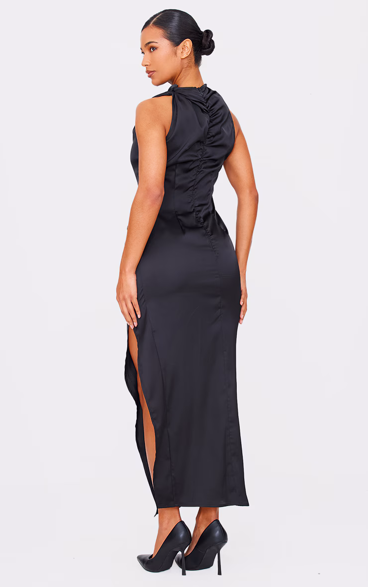 Black Satin High Neck Ruched Back Detail Midi Dress